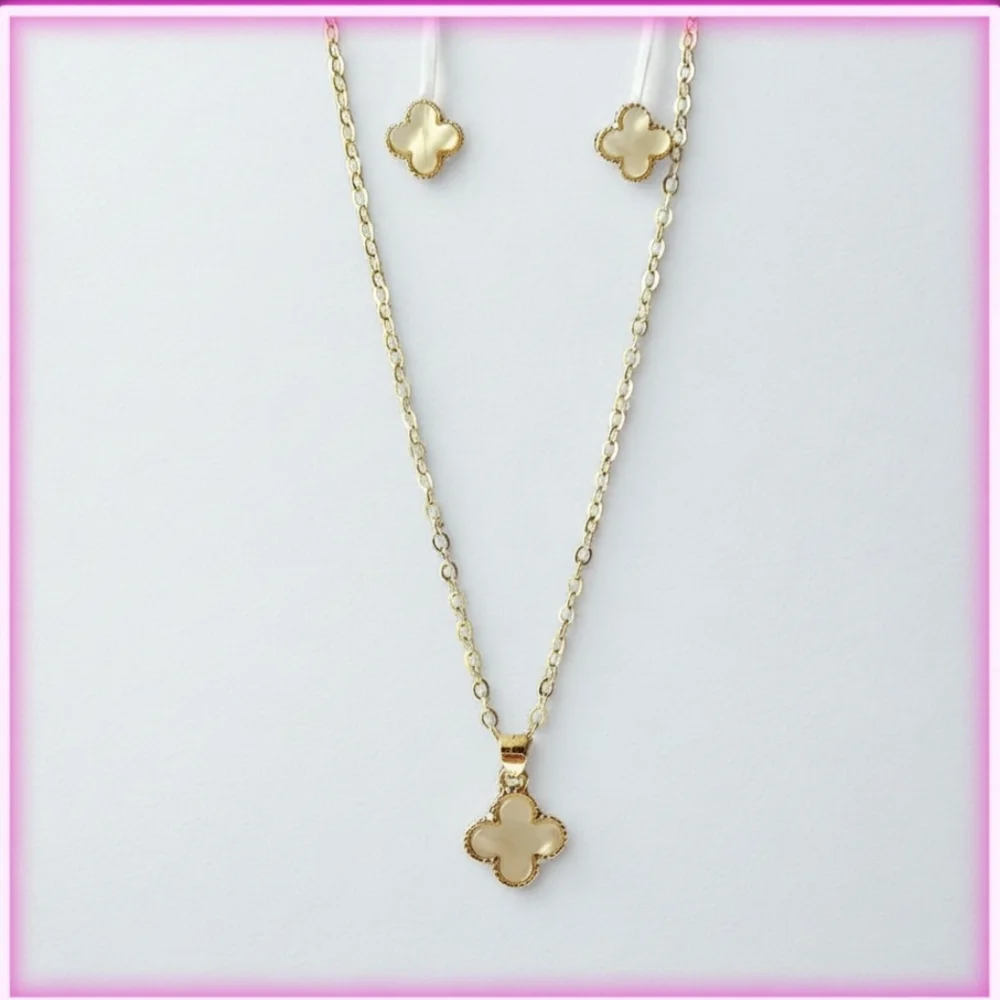 Fashion Jewelry Gold-Tone Necklace and Studs with White Mother-of-Pearl Clover